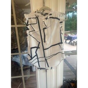 DKNY Sleeveless Ruffle Trim Abstract Geometric Black and White Blouse-Small
